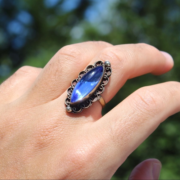Vintage Mexican Blue Glass Alpaca Silver Ring 8 - Picture 6 of 6